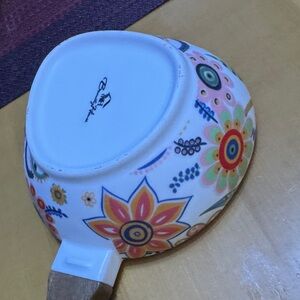 Colorful Floral Ceramic bowl with Wooden Handle